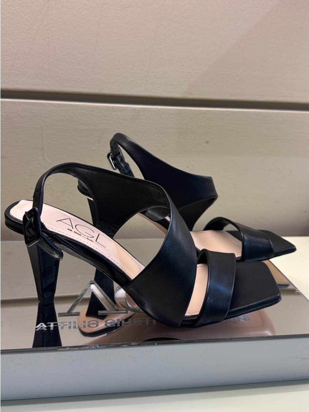 Agl Made In Italy Black Leather Slingback Strappy High Heel Sandals